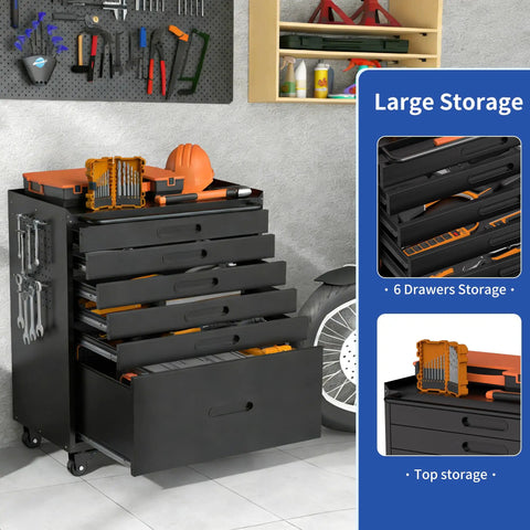 Tough As Nails 30 Inch Tool Storage Cabinet featuring heavy duty steel build, large 6 drawer storage, and orange tool accessories on top.