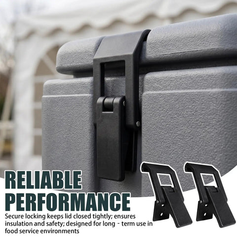 Heavy Duty Case Latch Replacement Set Black Two-Hole Mount Hardware on gray storage box lid, black metal latch