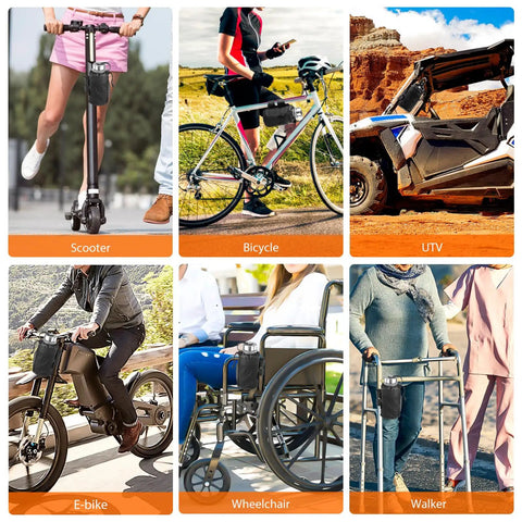 Universal Cup Holder For 8 To 32 Oz Bottles With Net Pockets And Hook And Loop Straps in use on scooter, bicycle, UTV, e-bike, wheelchair, walker