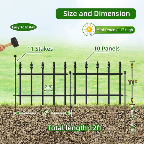 Decorative Metal Garden Fence Panels Set With Stakes Easy Install 11 Inch High By 12 Feet Long Black Yard Border Fence