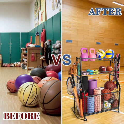 Before and after of a gym; left shows scattered balls, right shows Garage Ball Storage Organizer With Rolling Cart And 2 Large Bins.