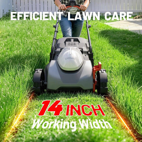 Cordless 14 Inch Lawn Mower With Brushless Motor, 2x5Ah Battery And Fast Charger, Lightweight Yard And Garden Tool For Small To Mid Sized Yards, 5 Height Adjustments, No Gas Or Cords, No Fuss Easy Start, Great For Quick Mows. 14-inch cordless mower on grass