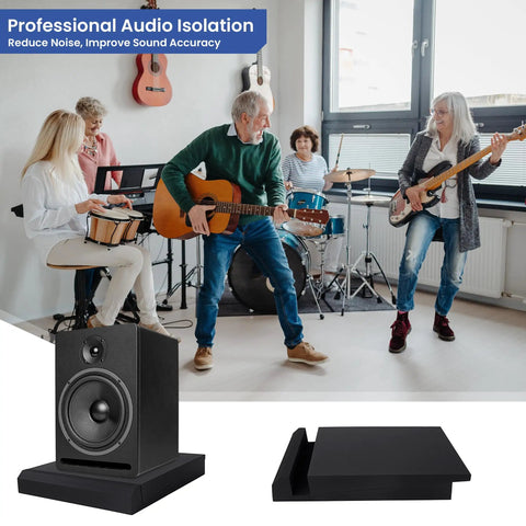 Foam Studio Monitor Isolation Pads with Adjustable Tilt for 8 to 10 Inch Speakers in use during band practice, 16.5 x 15 x 2.5 inches, black.