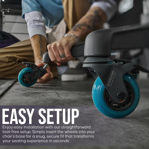 Badass Office Chair Casters Five Pack Featuring Dual Locking Wheels And Durable Polyurethane Glides For a Smooth Operator Ride installed on an office chair.