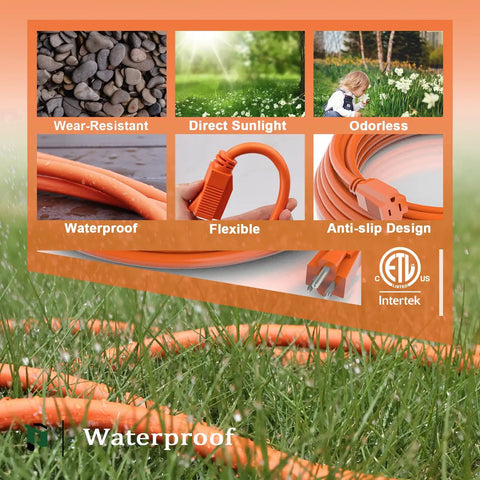 Beefy 50 Ft Outdoor Extension Cord With 12 Gauge 12/3 SJTW Waterproof Orange ETL Listed 15 Amp 1875 Watt Power Cable features.