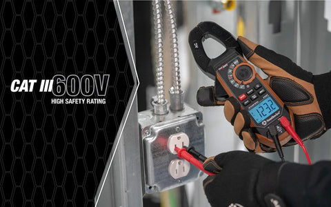 Clamp Meter 400A AC DC True RMS With Hands Free Testing 21530T used for electrical circuit measurement next to wall outlet