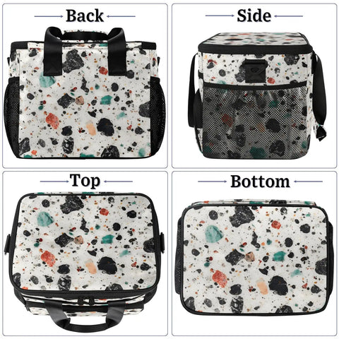 Insulated Go-To Picnic Backpack Lunch Box In Stone Marble, Large 12x8.7x10 inch tote back, side, top, and bottom views