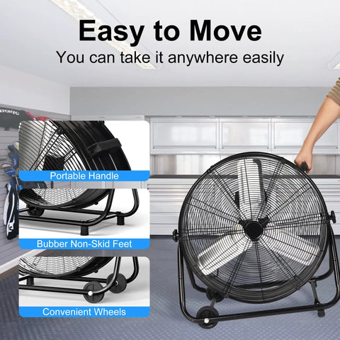 Beast Mode 30 Inch Industrial Drum Fan With 14000 CFM High Velocity Air 360 Degree Tilt Heavy Duty Metal Floor Fan with portable handle, non-skid feet, and wheels for easy moving in commercial spaces.