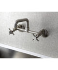 No-Drip Two-Handle Wall Mount Kitchen Faucet In Brushed Nickel, Solid Brass, Adjustable Center Span From About Five To Ten Inches.