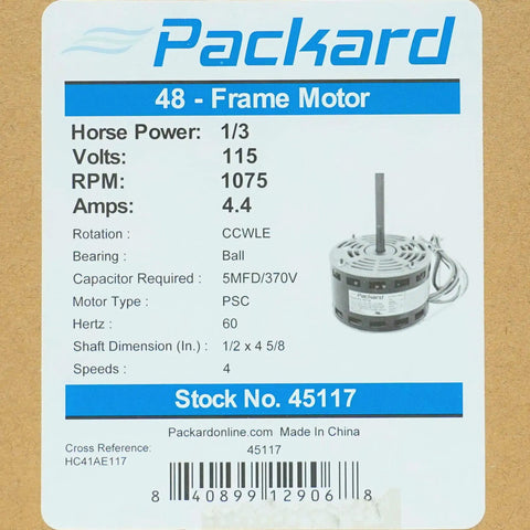 Label of Packard 45117 Furnace Blower Motor One Third HP Replacement For Carrier Bryant Payne HC41AE117A with specs and image.