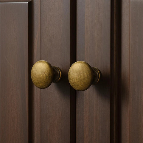 Antique Brass Cabinet Knobs 10 Pack Zinc Alloy Single Hole Drawer Pulls for Kitchen Cabinets, shown on wooden doors