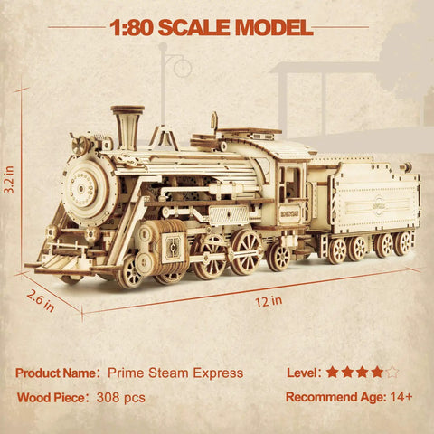 Wooden Model Car Kit For Adults A Fun Hands On 3D Puzzle Build That Doubles As Brain Teaser Desk Decor And DIY Hobby Gift With Step By Step Instructions Durable Pieces Realistic Details And STEM Friendly Play, Prime Steam Express model train with 308 wooden pieces.