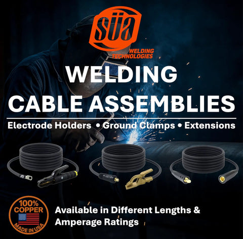 Welding setups with 200 Amp Welding Electrode Holder Lead Assembly, Number 2 AWG 25 Feet Copper Cable, shown on black background.
