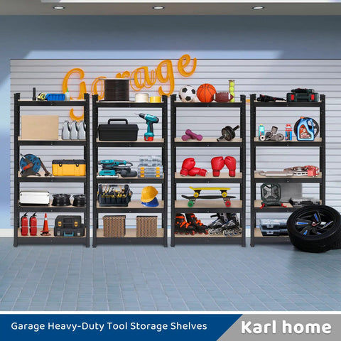Hella Durable Wide Width 5 Tier Metal Shelving Rack With Quick Adjust Levels And Split Setup For Garage Pantry Or Basement Storage 1900 Lb Capacity Built Tough Black Utility Rack filled with tools and sports equipment.