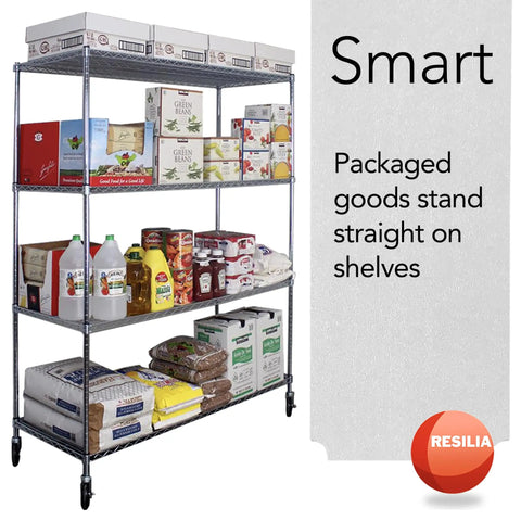 Rock-Solid Heavy-Duty Shelf Liners For Wire Rack Storage - Non Slip Clear Vinyl Mats on a metal shelf with food packaging.