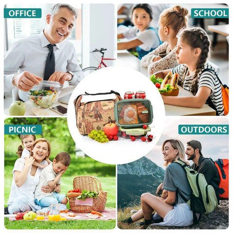 Cowboy Themed Lunch Bag Insulated Tote With Big Capacity for work, picnics, camping scenes showing office, school, outdoors.