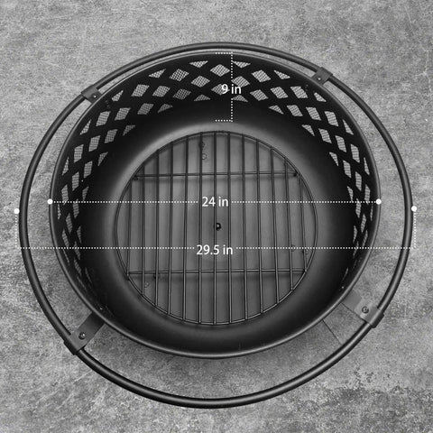 Top view of 24 Inch Fire Pit With 2 Poker Tools And Cover, metal round design, showcasing measurements for outdoor wood burning.