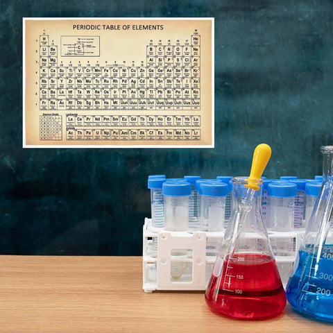 Educational Periodic Table Wall Poster For Kids And Students With Durable Cotton Material And Vintage Design Lightweight Classroom Decor And Perfect Gift For Science Lovers At Home And In The Classroom, vintage table and lab flasks