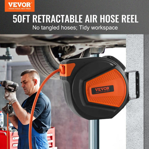 Retractable Air Hose Reel With Three Eighths Inch By Fifty Foot Hybrid Hose Up To 300 PSI For All Your Air Tools, wall mounted
