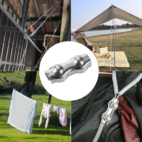 Built Different 304 Stainless Steel Wire Rope Clips 12 Piece Double Bolt Cable Clamps for securing outdoor tent lines and laundry.