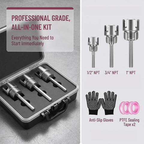 DIY Ready PVC Pipe Threader Kit With Half Inch Three Quarter Inch And One Inch NPT Dies in a professional case