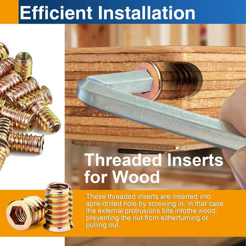 Heavy Duty Wood Threaded Inserts With Hex Drive Nuts For Quick DIY Furniture Repair Easy Install Quarter Inch By Twenty Threads Per Inch 20mm Length Zinc Plated Carbon Steel 28 Pack shown in use for wood furniture assembly