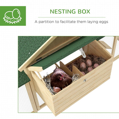 Close-up of nesting box in 80 Inch Wooden Chicken Coop With Nesting Box And Double Run Design Outdoor Hen House, showing eggs and straw