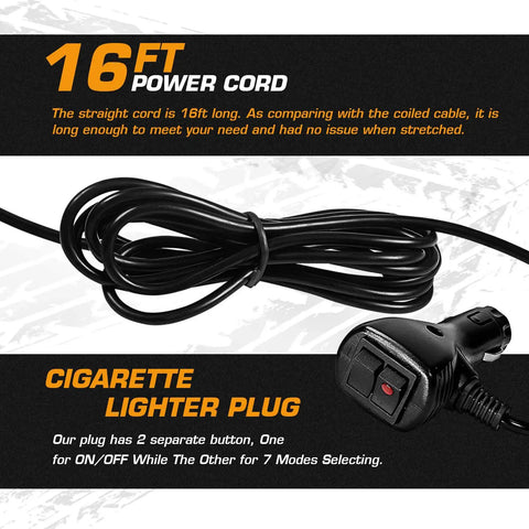 16ft power cord for Top Tier Amber LED Strobe Light with cigarette lighter plug for easy installation.
