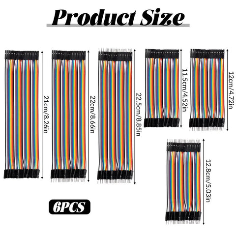 Product size chart of Dope Multicolor Breadboard Jumper Wire Kit 240Pcs with various wire lengths in 10 distinct colors.