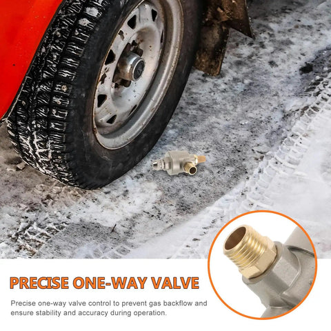 Quick Dump Valve for Tire Changer Machines with Bead Breaker Cylinder on tire and valve close-up