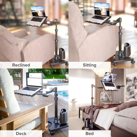 G2 Deluxe Adjustable Laptop Stand With Rolling Computer Desk For Bed Or Sofa Or Office, shown in four settings: reclined, sitting, deck, bed.