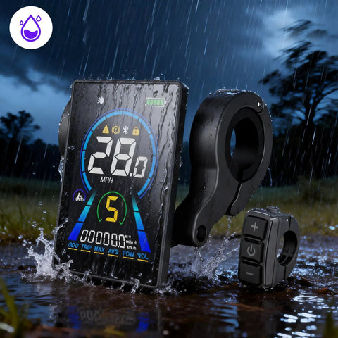 Big Screen E Bike LCD Display With Bluetooth App Control For Bafang UART Mid And Hub Motors in rain, showing mph and keypad