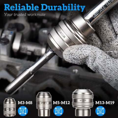 Close-up of Three Piece Tap Socket Set for Ratchet Wrenches in Sizes One Quarter Inch Three Eighths Inch and One Half Inch Drive