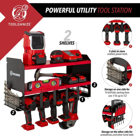 Heavy Duty Wall Mounted Power Tool Organizer With Drill Holder, Garage Storage Rack, 2 Shelves, 5 Drill Slots, Red