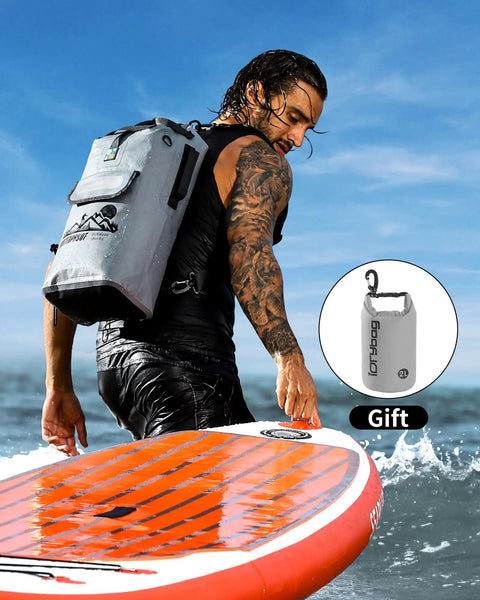 Floating Waterproof Dry Bag Backpack 20L in use by kayaker; heavy duty 500D vinyl, welded seals, tear-resistant. Product gift included.