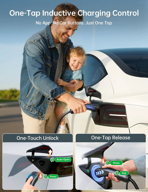 Father and child using Tesla Level 1 To 2 EV Charger With Adjustable Current Delay Charge And Smart Display 21 Foot Mobile Cable for a car