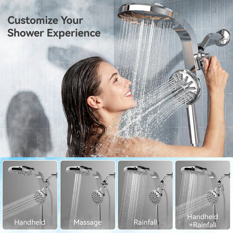 Silver High Pressure Rain Shower Head Combo With Magnetic Handheld And Smooth Quick Snap Mount For Modern Bathrooms in use with water spray.