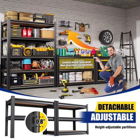 Man assembling Beefy Heavy Duty 5 Tier Garage Shelving Unit Set Black With 410 Lb Per Shelf 2050 Lb Total Capacity Boltless Steel Racks