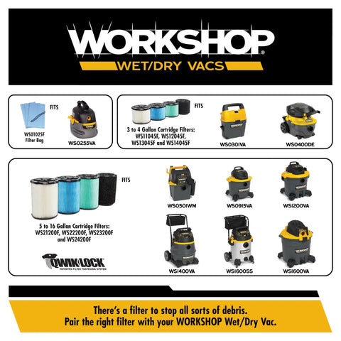 Assortment of Workshop wet/dry vacuums and filters, various sizes and types, displayed with model numbers and descriptions.