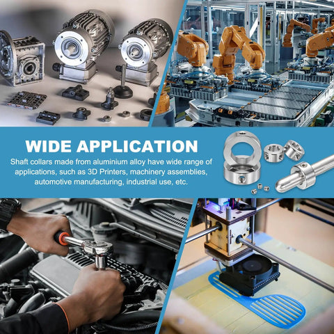 Wide application of shaft collars in machinery, automotive, and 3D printing industries with multiple detailed images.