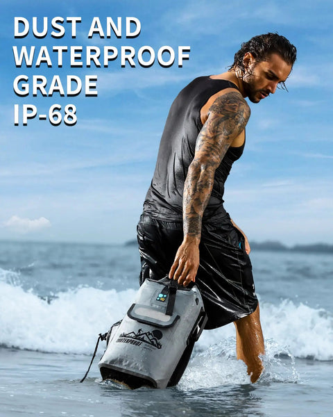 Man holding Floating Waterproof Dry Bag Backpack 20L 30L 40L For Kayak And Outdoor Adventures with IP-68 dust and waterproof grade