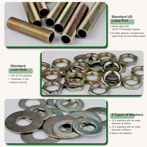 All Thread Lamp Pipe Hardware Set For DIY Lamp Repair With Yellow Zinc Coat Includes 12 Inch Nipples, 8 Inch Nipples, washers, nuts