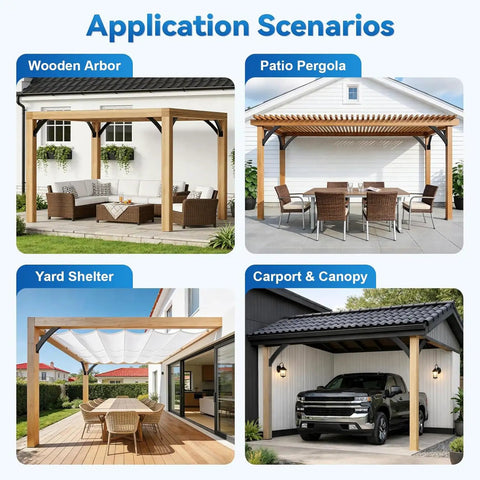 Rock Solid Heavy Duty Angle Support Brackets Premium Quality 8 Piece Black Steel Corner Brace Kit For Built To Last Outdoor Terrace Gazebo Deck DIY Projects application examples including wooden arbor and patio pergola.