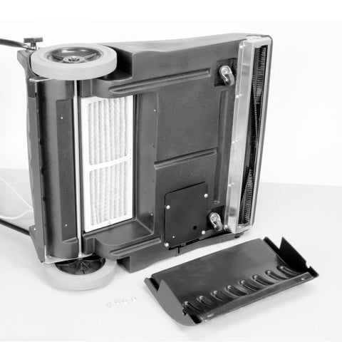 Powr-Flite Industrial Wide Area Carpet Vacuum Cleaner Bagged PF2030 underside view showing filter and cleaning components.