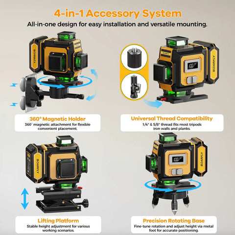 Laser Level With Tripod For Precise Tile Installation And Framing, Self Leveling 4x360 Green Beam, 4D Laser Level Kit With Dual 4000mAh Batteries, side view with magnetic holder and rotating base