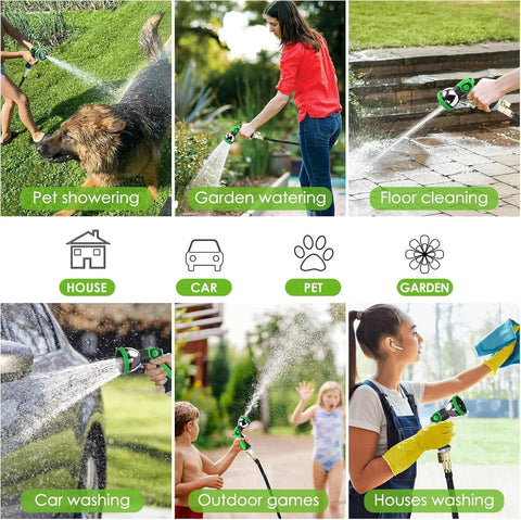 FlexiSolve 100 ft garden hose with green 10-pattern spray nozzle for garden watering, car washing, pet showering.
