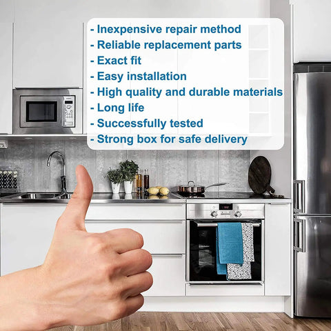 Modern kitchen with stainless steel appliances, a thumbs-up gesture, and a list of features in a text box on the left.