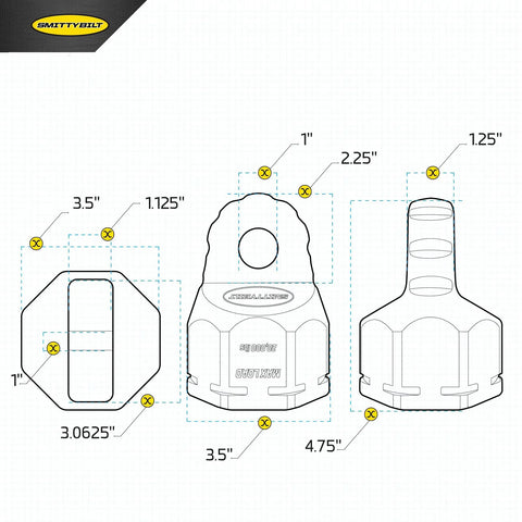 Technical diagram of AWS Aluminum Winch Shackle for safer, stronger off-road recovery up to 20,000 lbs with dimensions.