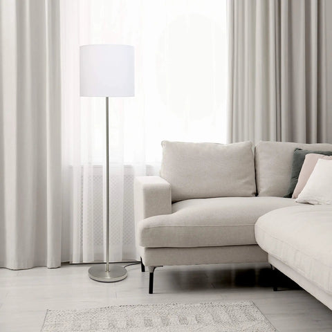 Brushed Nickel Floor Lamp With White Fabric Drum Shade Tall 58 Inch Dope Modern Look Featuring A Foot Switch in modern living room
