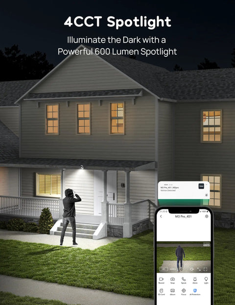 Outdoor Security Camera With 2K 4MP HD Video monitoring a house entrance with spotlight at night, remote live view on phone screen.